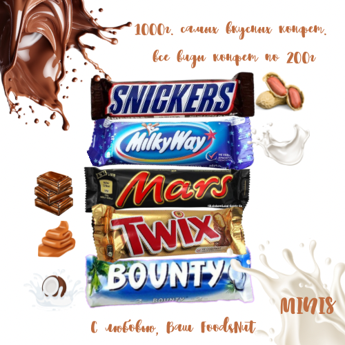 Шоколадные конфеты MixMinis Ассорти. Батончики Snickers, Twix, Bounty, MilkyWay, Mars 5 видов по 200гр (1кг)