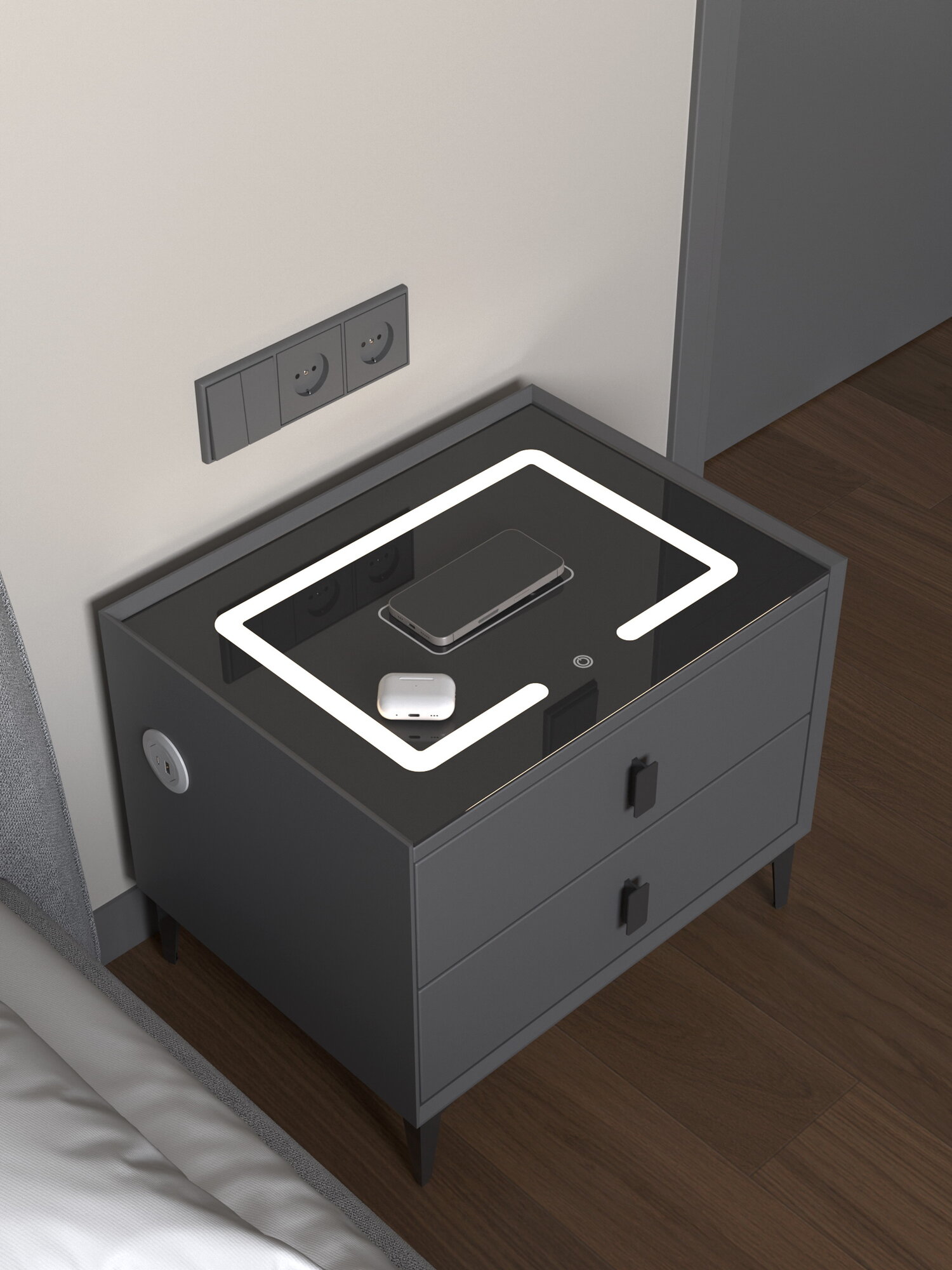 Тумба прикроватная с зарядкой Qi, подсветкой и USB/Type-C портами, 2 ящика, эко-кожа, МДФ, LEVELMORE, 50x40x45 см