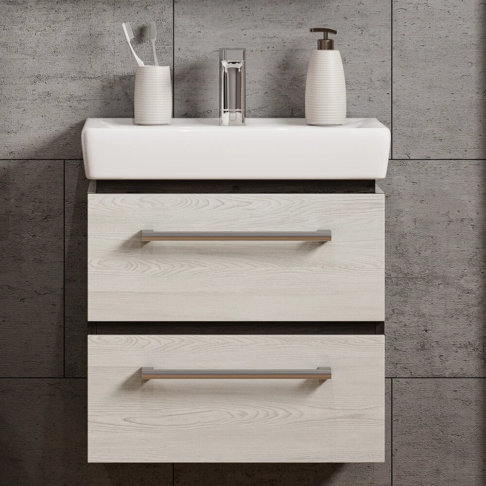 Тумба с раковиной AQUATON Ронда Pro 55 мини подвесная 55 см с ящиками прямоугольная в современном стиле из фарфора