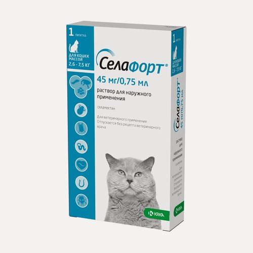 Изображение товара Капли противопаразитарные крка Селафорт для кошек весом от 2,6 до 7,5 кг, 1 пипетка х 0,75 мл