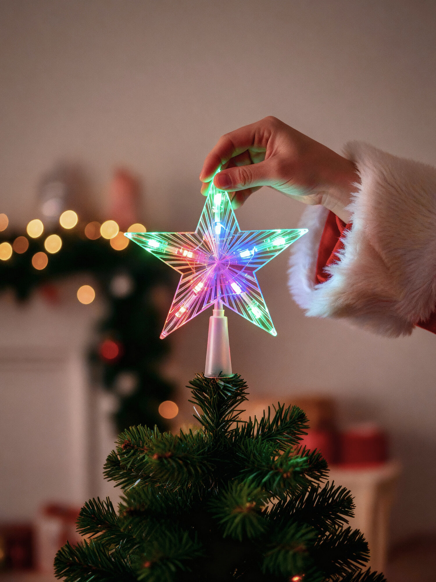 Наконечник на ёлку - Звезда светодиодная 10 LED разноцветная прозрачный корпус размер: 15*15 см