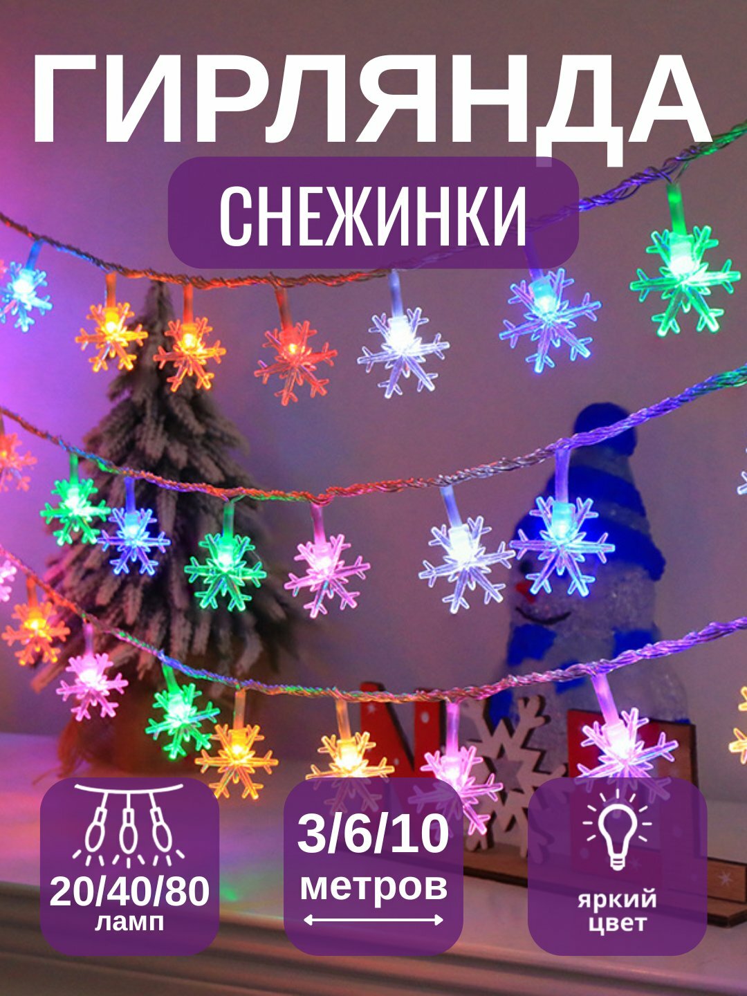 LED фигурная гирлянда 3/6/10 м, 5 видов фигур: звезда, шар, луна — украшение для ёлки и Нового года