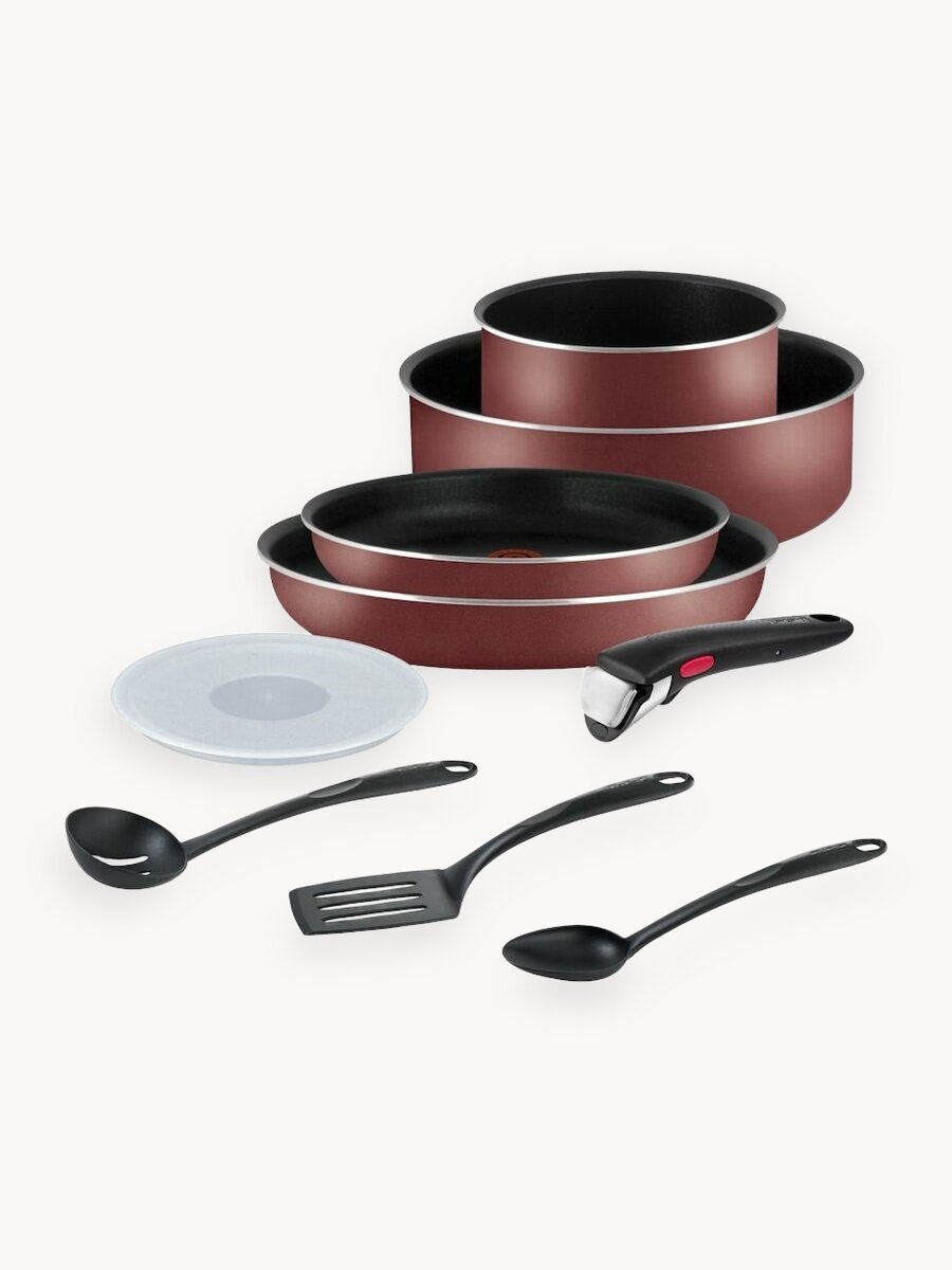 Набор посуды для приготовления Tefal Ingenio Red из 9 предметов : сковороды 22 /28 см, сотейник 26 см, ковш 16 см с крышкой, аксессуары, ручка Ingenio 6, с антипригарным покрытием