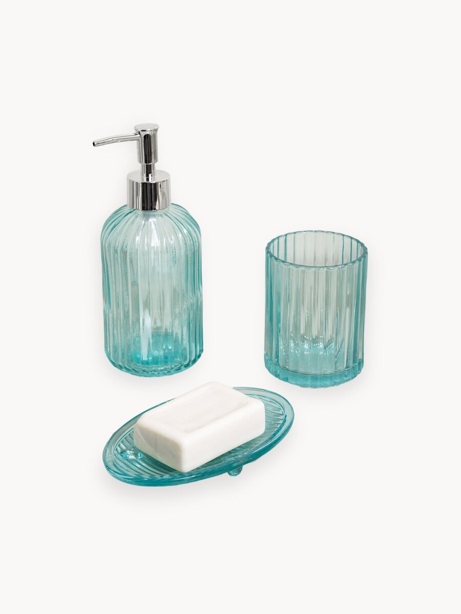 Набор аксессуаров для ванной комнаты Atmosphere of Art «Pure», стекло, 3 предмета: мыльница, дозатор, стакан, голубой