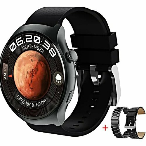 Умные часы круглые, Smart Watch HW6 MINI Черные, 3 ремешка, Flupsic умные часы круглые smart watch gt4 max черные 2 ремешка flupsic