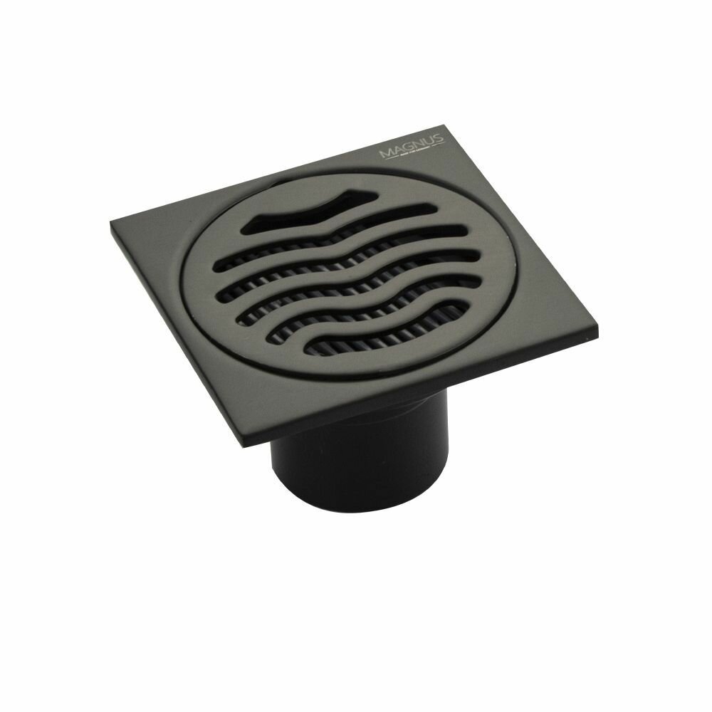 фото Трап темно-серый, 100х100 мм, выход 50 мм, вертикальный, крышка решетка, с сухим затвором слива воды, из нержавеющей стали 201