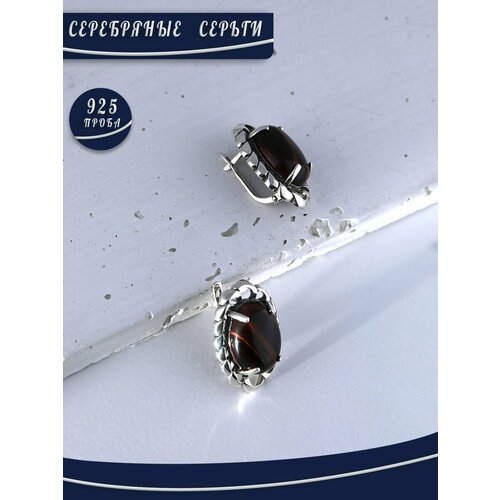 Серьги БРЮС, серебро, 925 проба, тигровый глаз