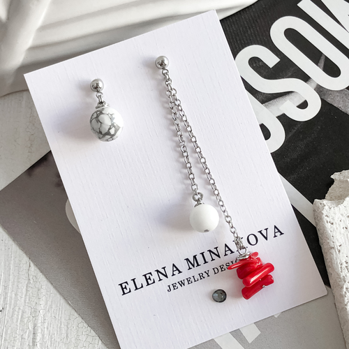 Серьги ELENA MINAKOVA Jewelry Design, агат, коралл, магнезит, размер/диаметр 75 мм, белый, красный