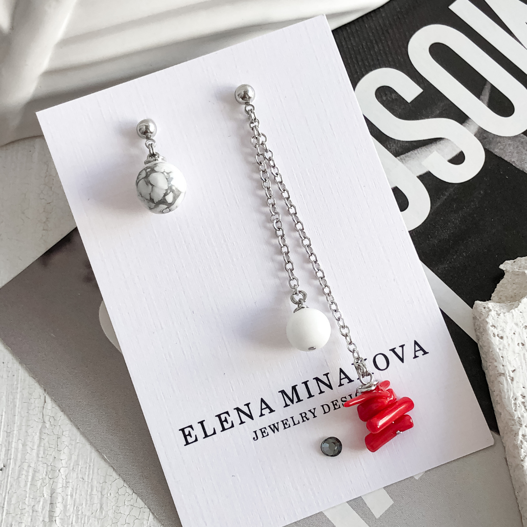 Серьги ELENA MINAKOVA Jewelry Design, агат, коралл, магнезит