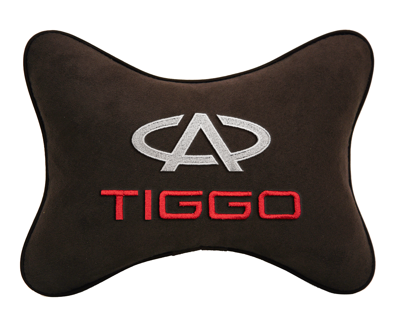 Автомобильная подушка на подголовник алькантара Coffee с логотипом автомобиля CHERY Tiggo