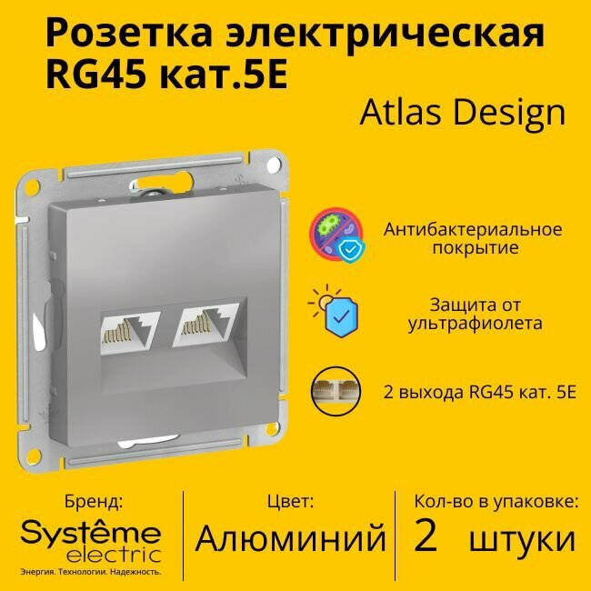 Розетка двухместная компьютерная электрическая Systeme Electric Atlas Design RJ45 кат.5E, Алюминий ATN000385 - 2 шт.