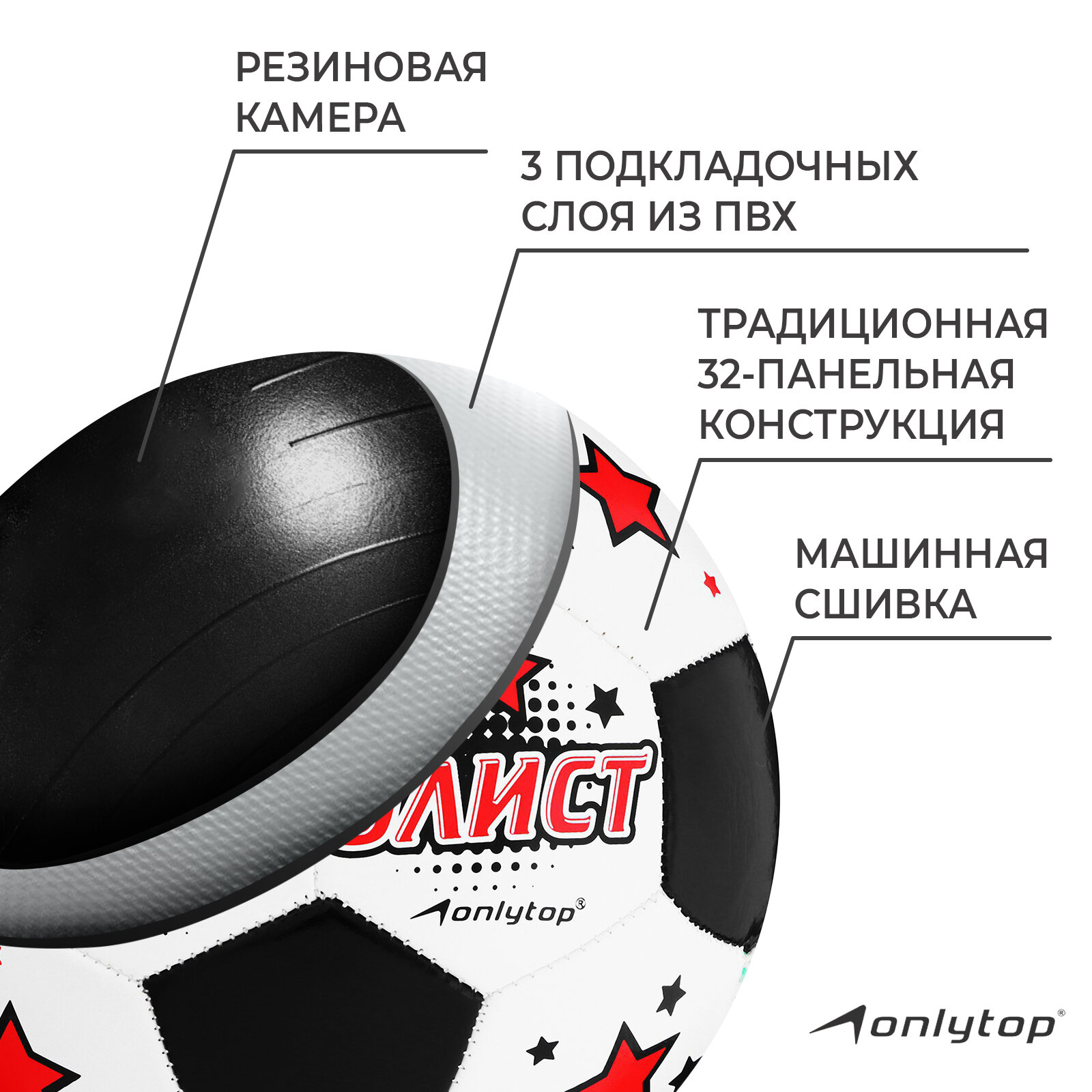 Мяч футбольный ONLITOP «Крутой футболист», размер 5, 32 панели, PVC, 2 подслоя, машинная сшивка, вес 280 г, цвет белый, черный, красный