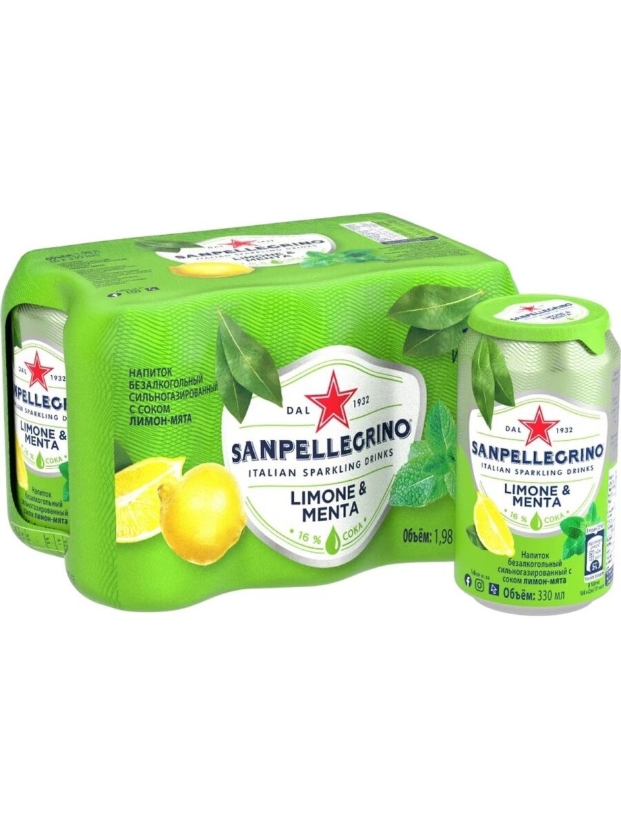 Напиток газированный Sanpellegrino(Сан Пеллегрино) с соком лимона и мяты 0,33л х 6 шт. ж/б