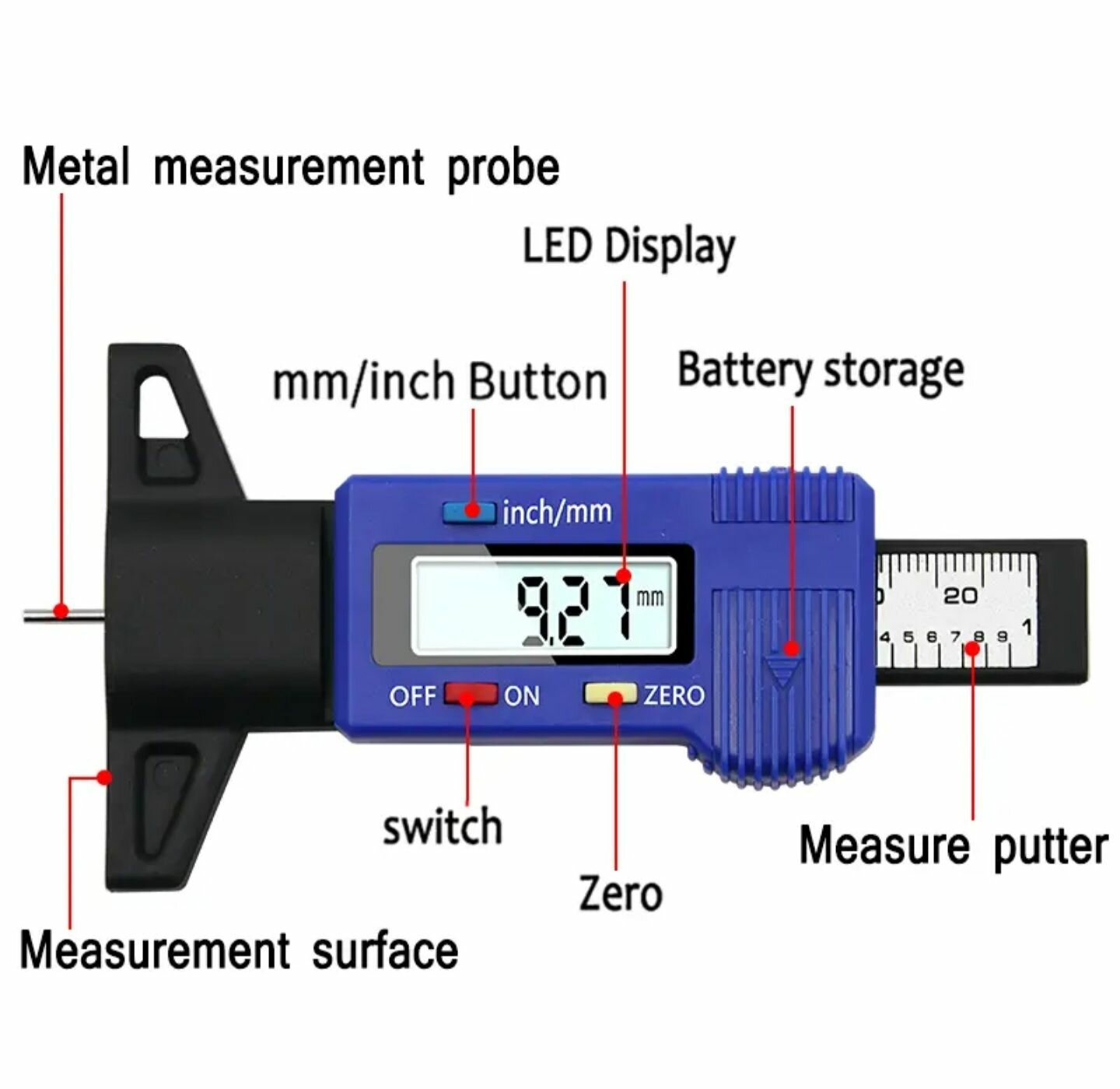 Цифровой измеритель глубины протектора шин автомобиля 0-25.4mm/0.01 мм (Глубиномер)
