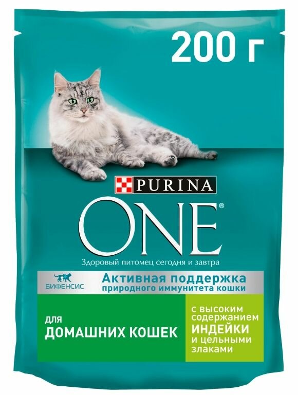 Purina ONE Сухой корм для домашних кошек, с высоким содержанием индейки и цельными злаками, 200 г, 6 уп