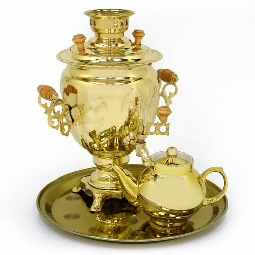 Самовар электрический жёлудь с подносом и чайником, 3 литра, латунный