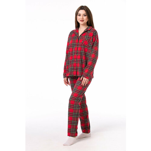фото Пижама оддис, рубашка, брюки, длинный рукав, трикотажная, размер 48, красный