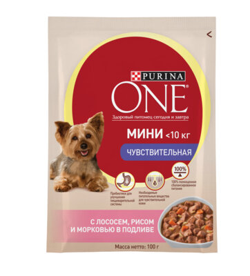 фото Purina One Паучи для взрослых собак малых пород с чувствительным пищеварением с лососем рисом и морковью 1241694812453990 0,085 кг 53995 (2 шт)