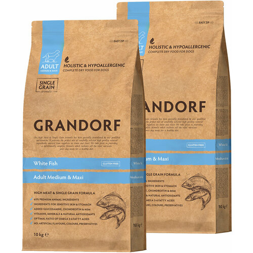 Сухой корм GRANDORF SINGLE GRAIN DOG ADULT MEDIUM & MAXI WHITE FISH низкозерновой для взрослых собак средних и крупных пород с белой рыбой (10+10 кг)