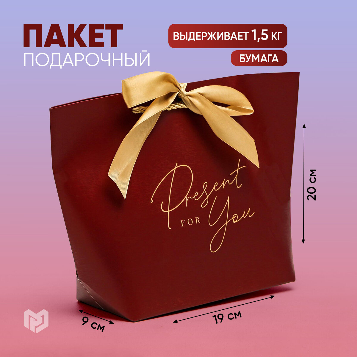 Пакет подарочный с бантом "Present for you", 19 х 20 х 9 см