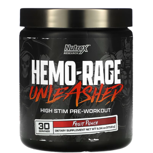 Nutrex Hemo-Rage Unleashed High Stim Pre-Workout (предтренировочный комплекс с высоким уровнем стимуляции) фруктовый пунш 179,8 г nutrex hemo rage unleashed 30 порций голубика лимонад