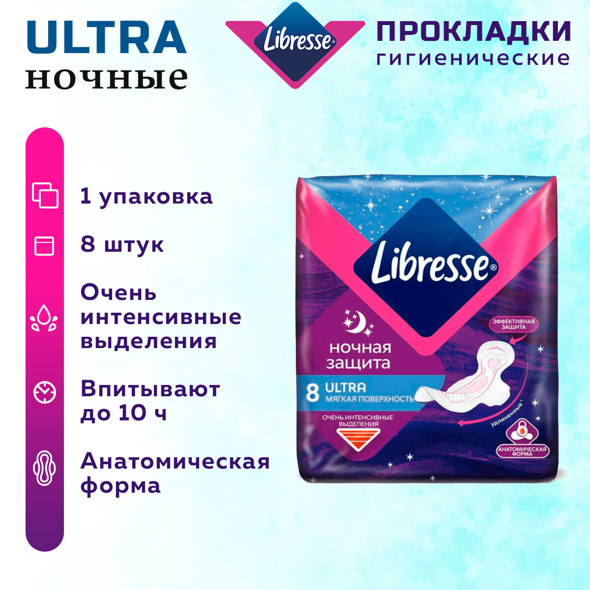 Прокладки женские LIBRESSE Ultra Ночные 8 шт. 1 упак.