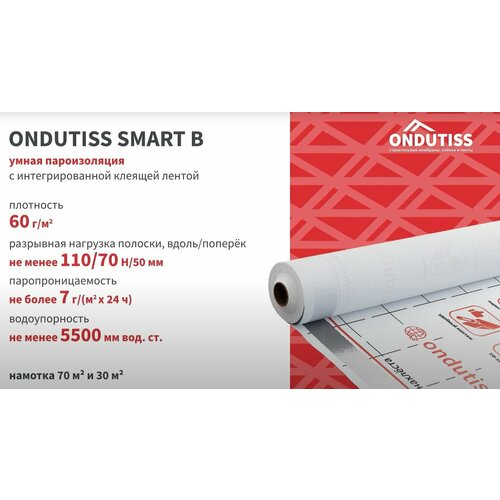 Пароизоляция для стен и кровли ONDUTISS Smart B пароизоляционная пленка ондутис (30м2) bd 80 docke плёнка гидро пароизоляционная повышенной прочности 70 кв