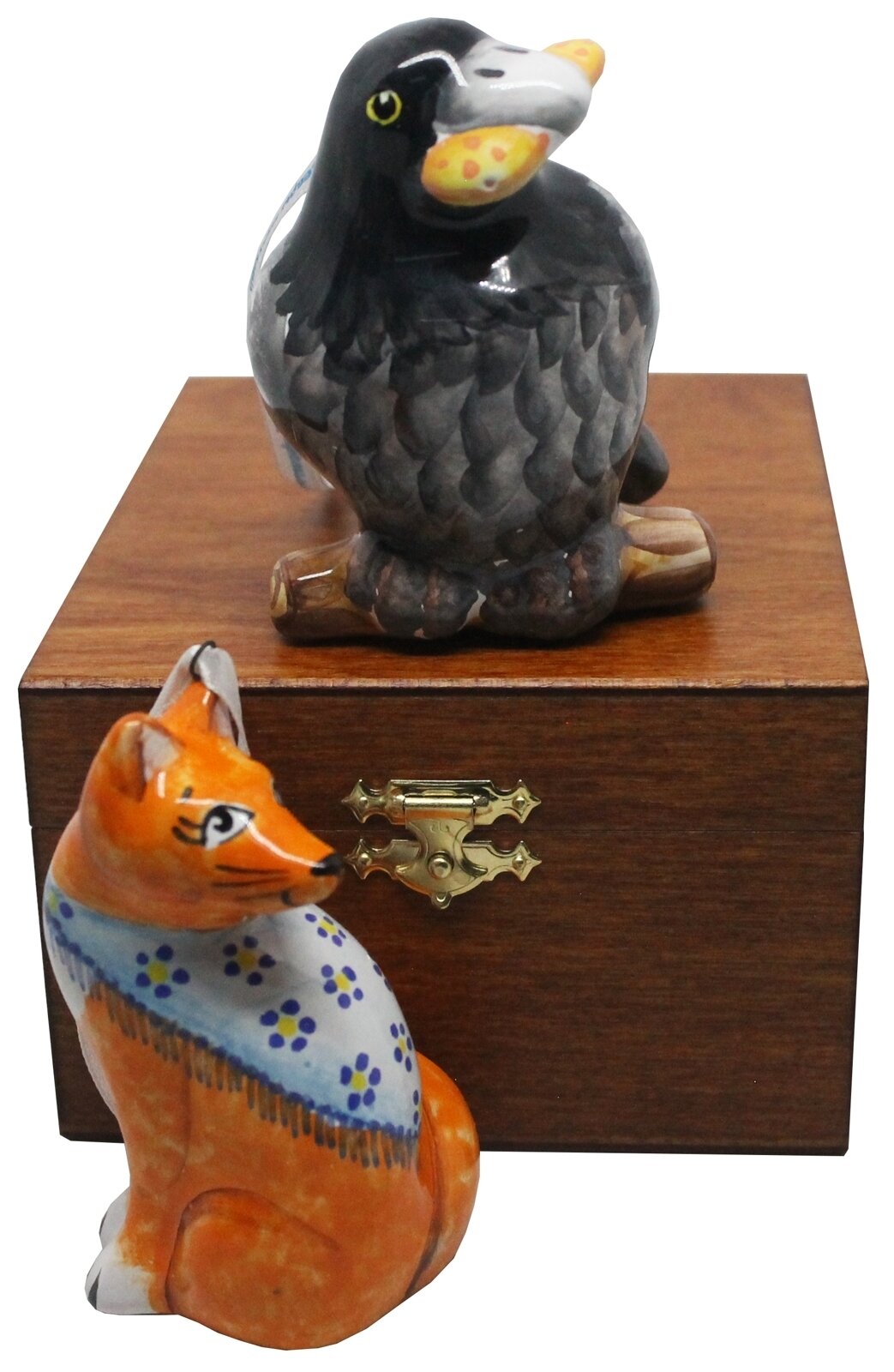 Ворона и лисица 2 штуки в деревянной коробке Набор керамических елочных игрушек украшений цветная коллекция