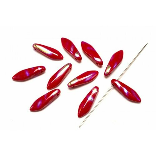 Бусины Dagger beads 16х5мм, отверстие 0,8мм, цвет 93200/2870V Opaque Red AB Stripes, 736-113, 10шт