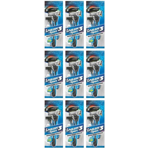LASER Одноразовые бритвы Laser Sport 3, с тремя лезвиями, 3 шт/уп, 9 упаковок