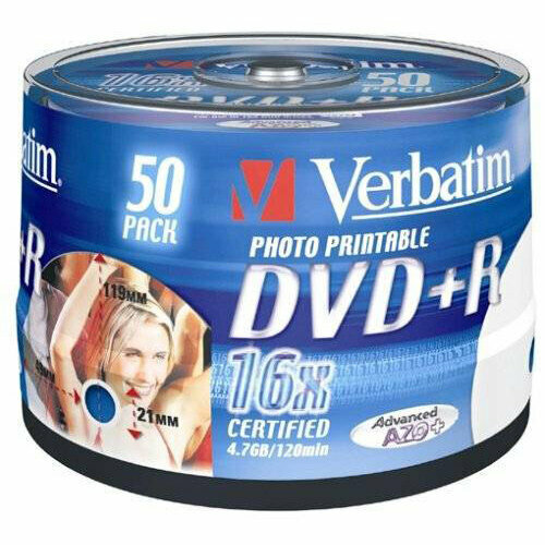 Оптический диск DVD+R диск Verbatim 4,7Gb 16x 50шт. CakeBox InkJet Printable (43512)