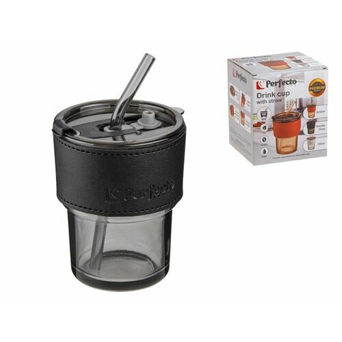 Комплект 6 штук, Стакан стеклянный для напитков с трубочкой и кожаным кейсом, 400 мл, Smoke Grey, PERFECTO LINEA (31-400101)