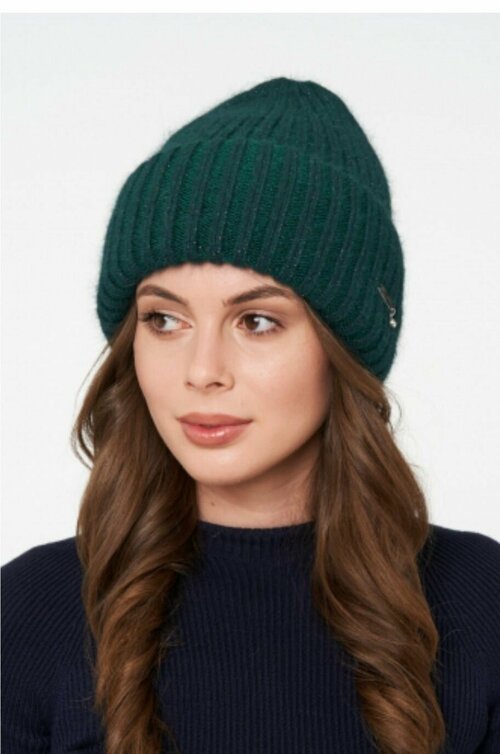 Шапка бини  шапка женская с отворотом, размер 56/58, зеленый