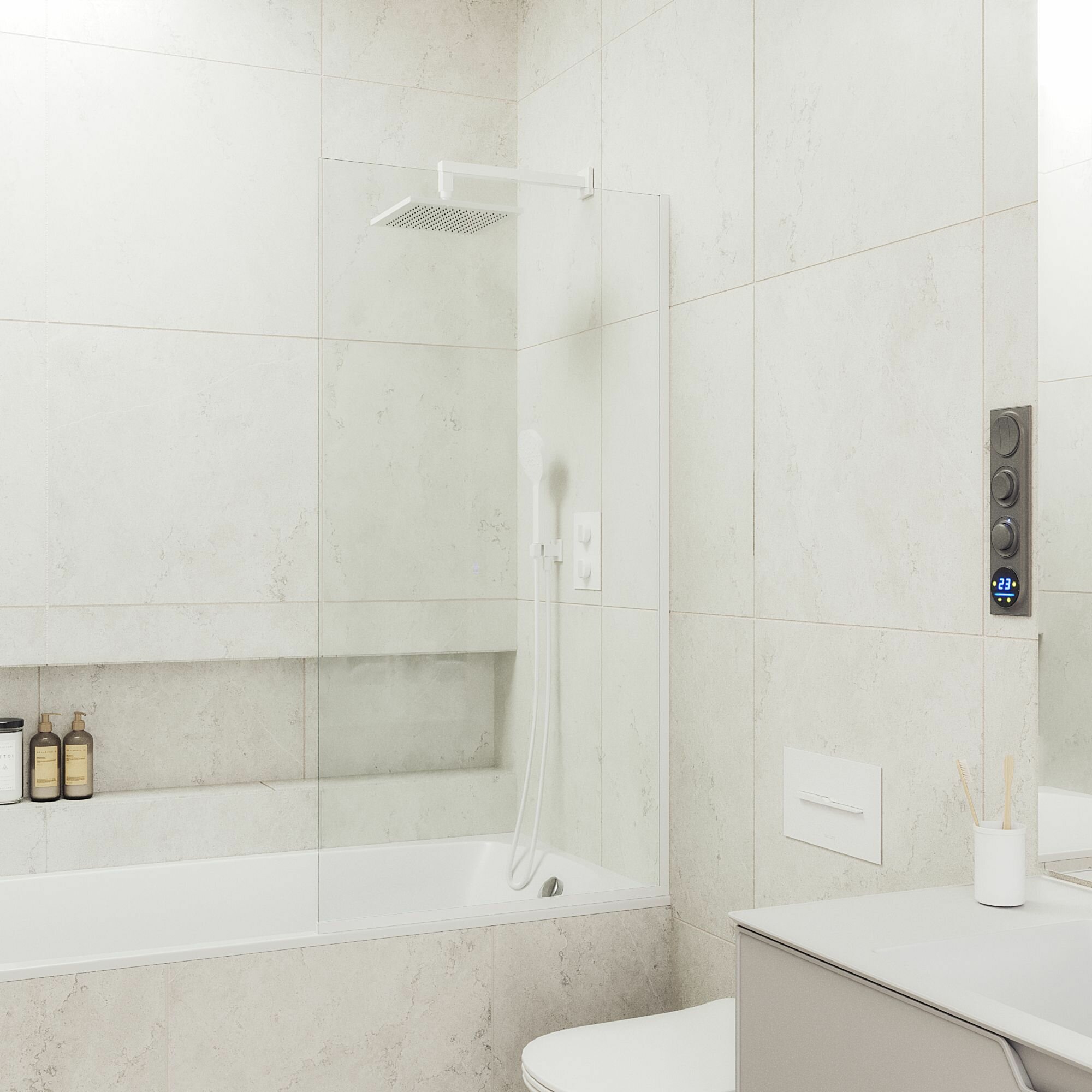 Стеклянная душевая шторка для ванной 8 мм 1400/800 (УП) MaybahGlass, стекло прозрачное, белый