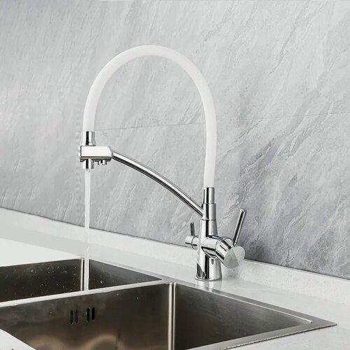 Изображение товара Смеситель для кухни с краном для питьевой воды Potato Белый-Хром P4077