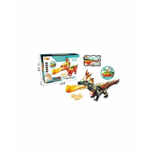 Динозавр на РУ (свет, звук, спрей) с яйцами (3шт) в коробке машет крыльями и хвостом, открывает рот, ходит; красный 66163