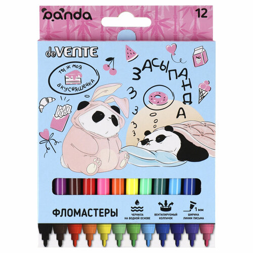 Фломастеры 12 цветов, корпус круглый, смываемые, колпачок вентилируемый Panda deVENTE 5081127 - 1 шт.