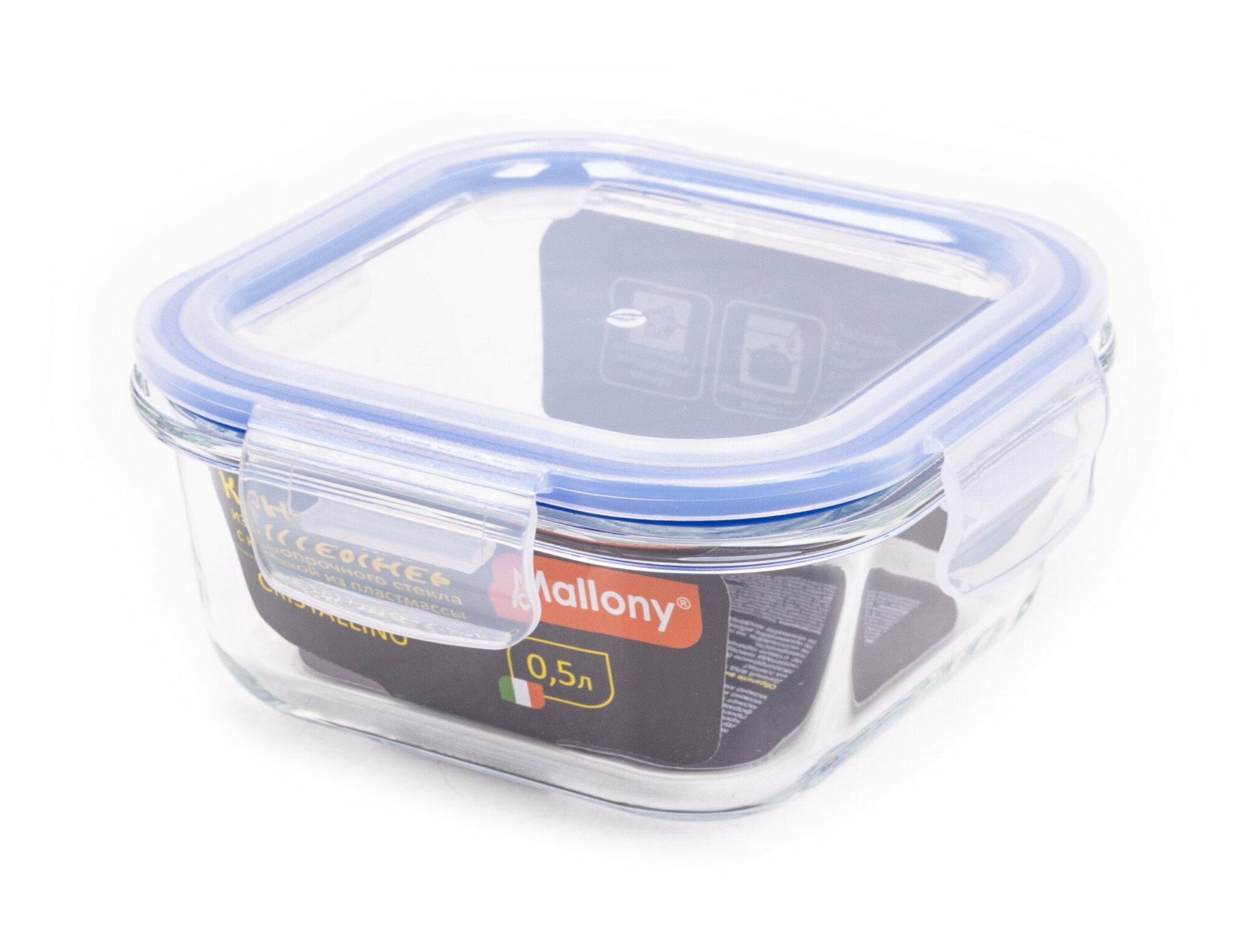 фото Контейнер для хранения продуктов Mallony / Маллони CRISTALLINO стекло с пластиковой крышкой белый 14.5×14.5×6.5см объем 0.5л / емкость герметичная