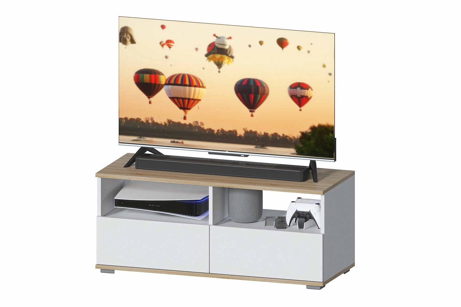 Тумба напольная для ТВ Hoff ТВ-4СБ для гостиной с полками и дверцами открытая 100х426х42 см ЛДСП цвет дуб Сонома белый