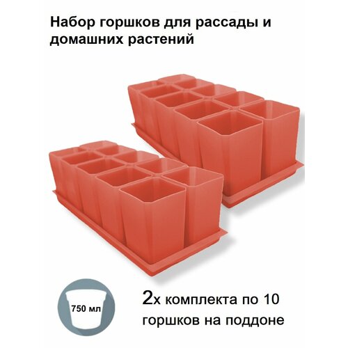 Горшки для рассады и цветов, комплект из 2-ух наборов по 10 горшков на общих поддонах (20 горшков и 2 поддона), терракотовые