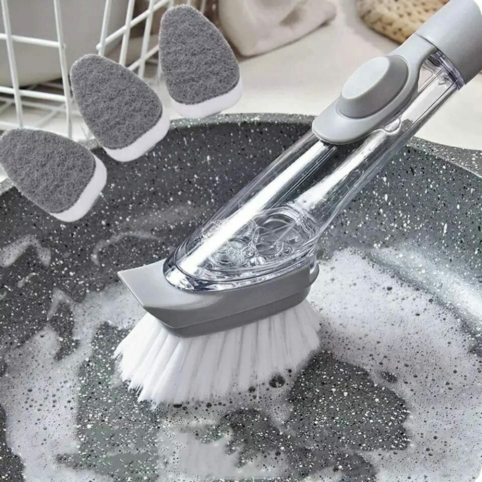 Щетка для мытья посуды с опрыскивателем и двумя насадками с дозатором моющего средства
