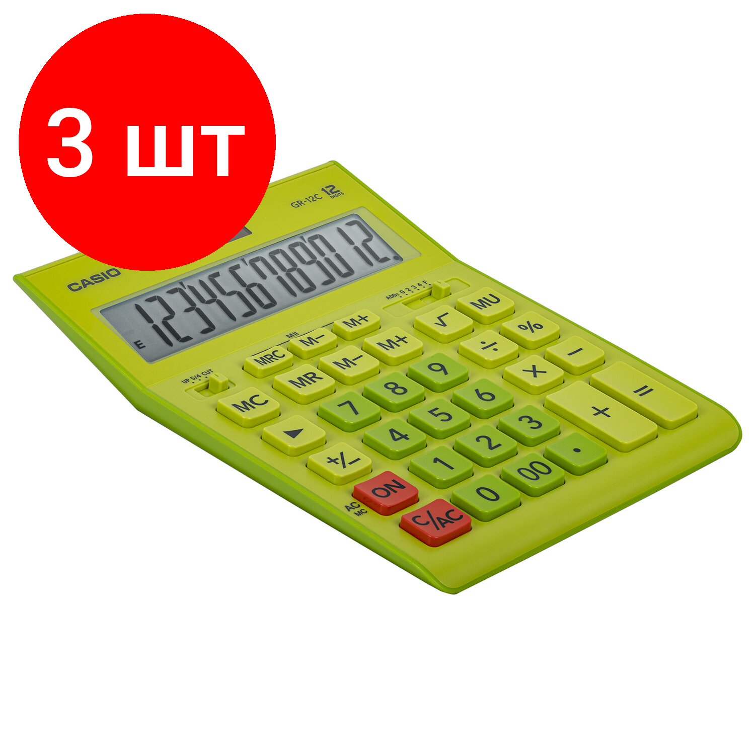 Комплект 3 шт, Калькулятор настольный CASIO GR-12С-GN (210х155 мм), 12 разрядов, двойное питание, салатовый, GR-12C-GN-W-EP