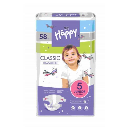 Bella Baby Happy Подгузники Classic Junior 5, 12-25 кг, 58 шт.