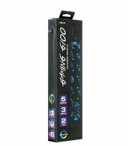 Сетевой фильтр DEXP Gaming G100 черный, розетки - 5, USB - 2 шт, 16 А, 3680 Вт, кабель - 3 м — фото 1