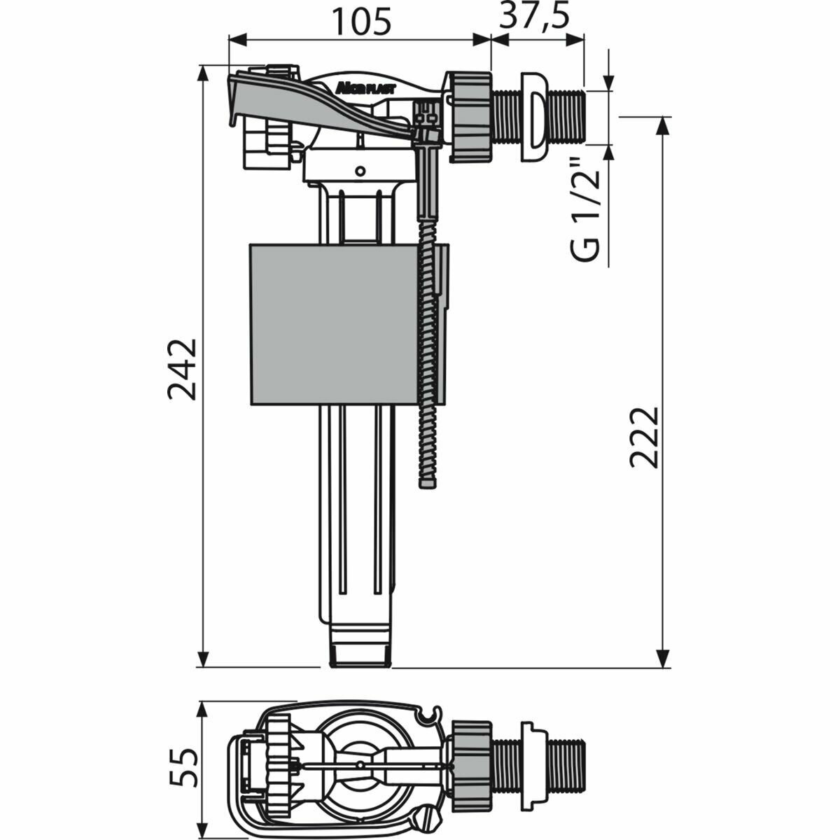 Впускной механизм с боковой подводкой и металлической резьбой для керамических бачков AlcaPLAST A160-1/2