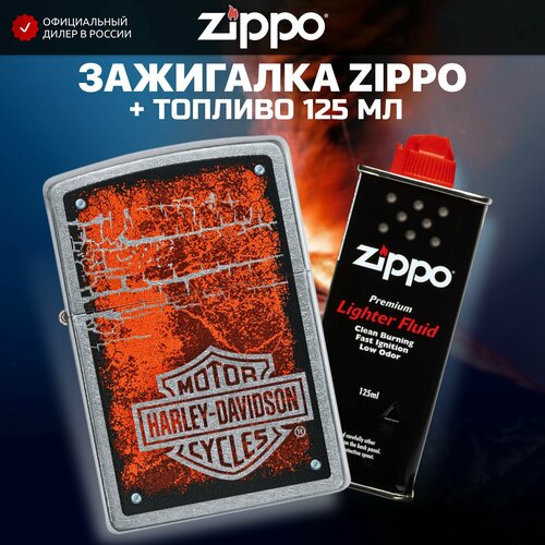 Зажигалка бензиновая ZIPPO 49658 Harley-Davidson + Бензин для зажигалки топливо 125 мл зажигалка харлей harley davidson your road газовая золотистая зеркальная в подарочной коробке