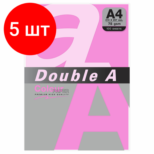 фото Комплект 5 шт, бумага цветная double a, а4, 75 г/м2, 100 л, неон, розовая