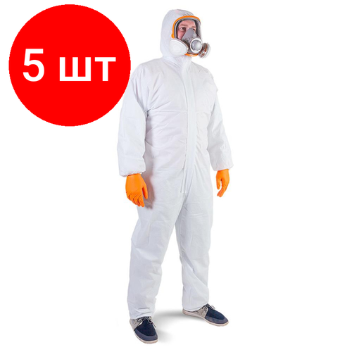 Комплект 5 штук, Комбинезон одноразовый защитный с капюшоном JetaSafety JPC58 белый р. М