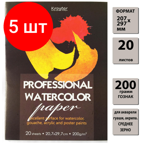 Комплект 5 штук, Папка для рисования акварелью Kroyter А4.20л, блок гознак,200гр,05480