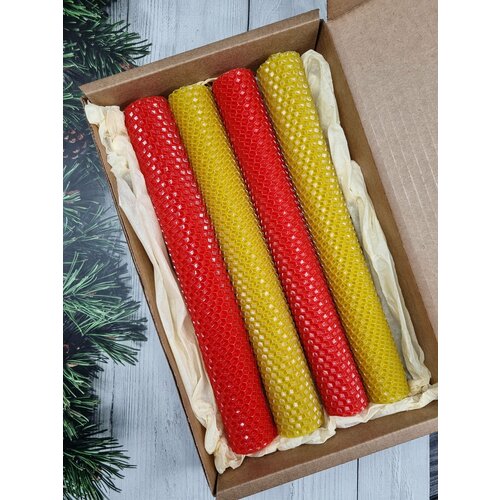 Набор свечей из вощины подарочный 26х3,5 см, 4 штуки, желтые и красные